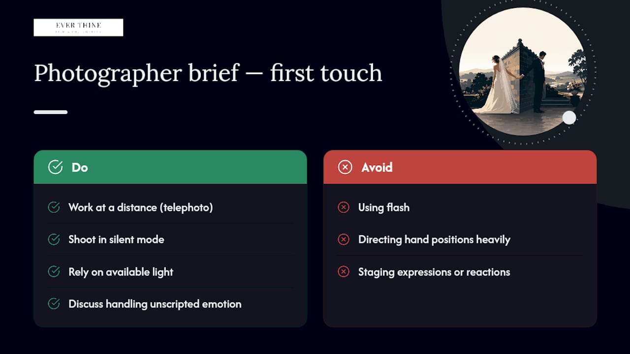 Dawn & Carl: photographer notes on capturing authentic first-touch moments — overview diagram