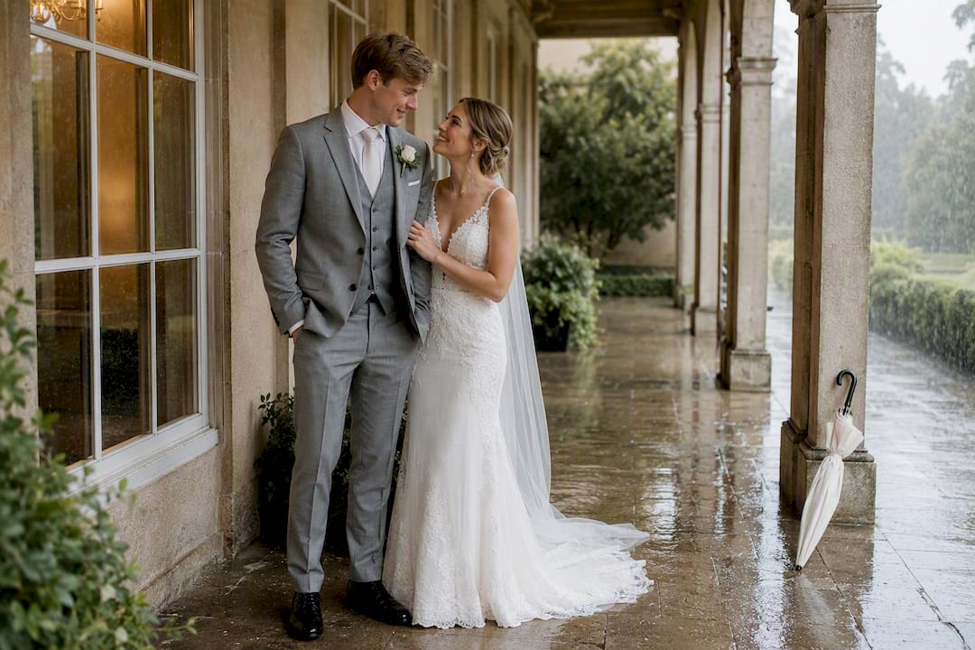 Couple posing beneath covered orangery walkway