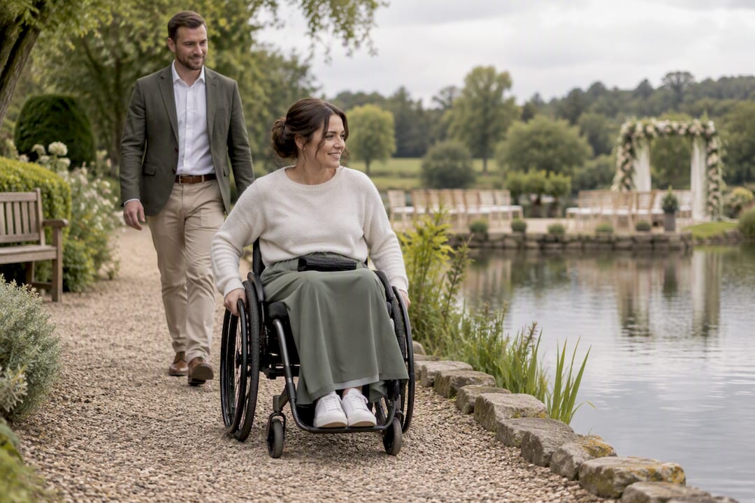 Wheelchair user assessing a waterside venue path