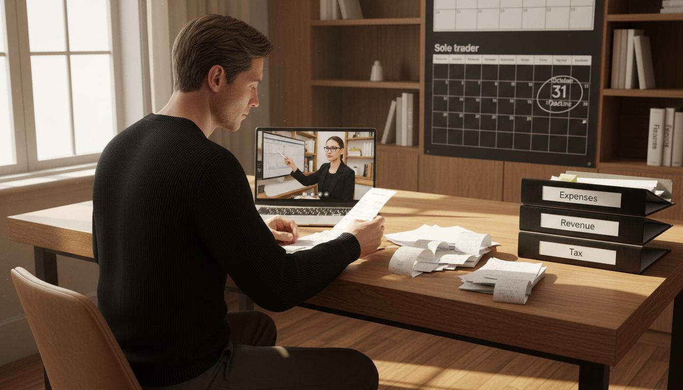 Sole trader organizing finances with accountant remotely