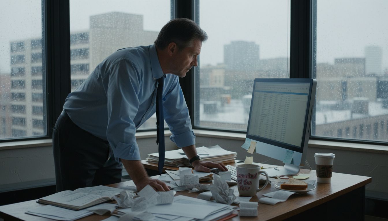 Accountant reviewing receipts at cluttered desk