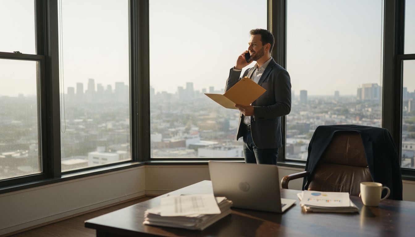 Business owner in busy 6th-floor company office