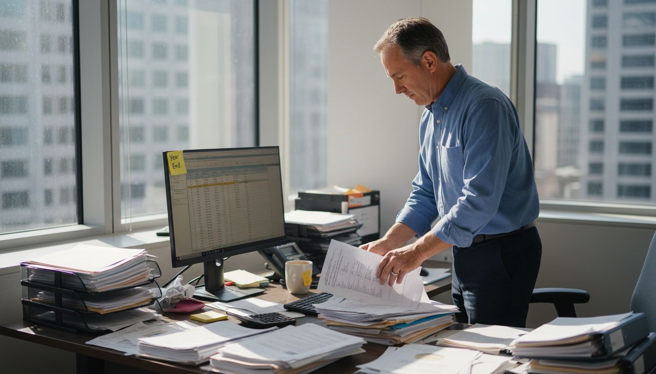 Finance manager sorting year-end documents office