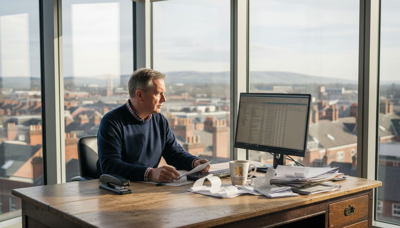 Business owner checks tax papers at desk