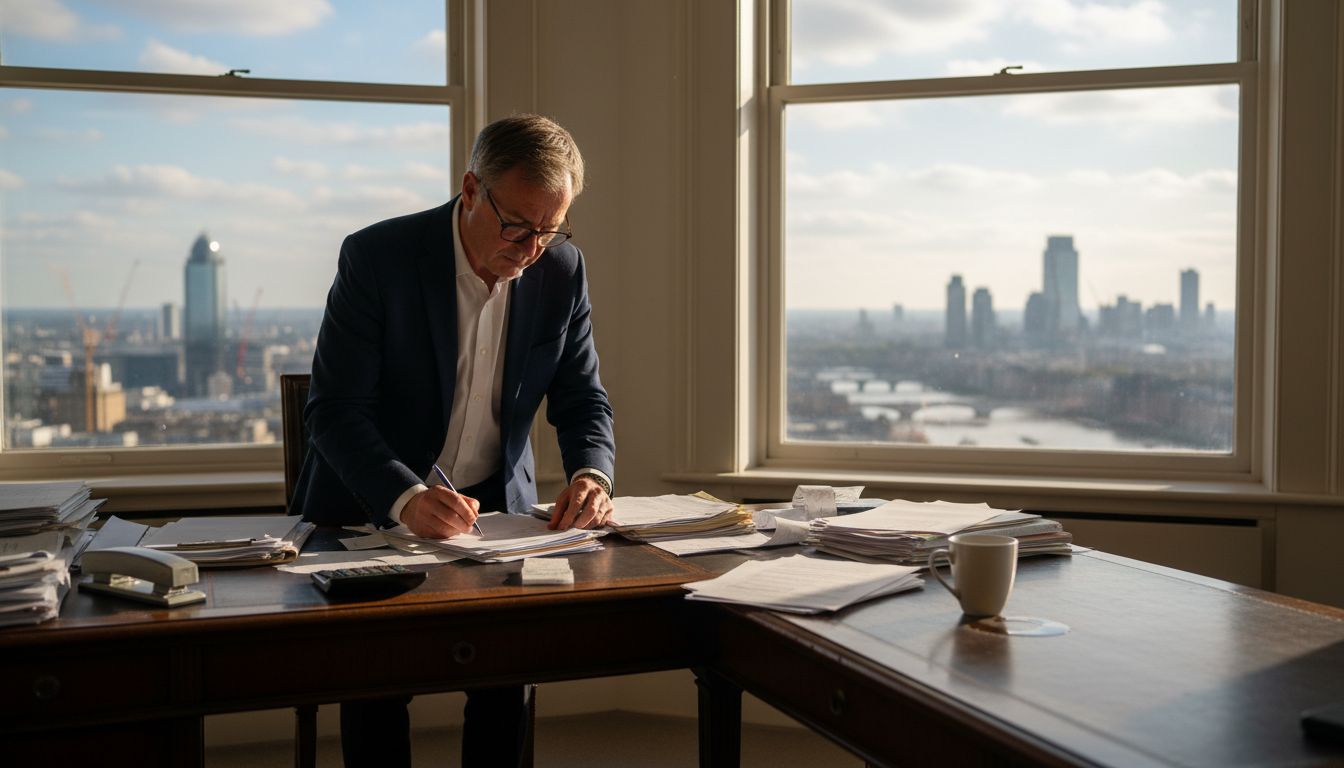 UK businessman preparing tax documents in office