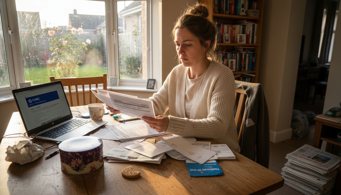 Woman preparing tax paperwork at home table