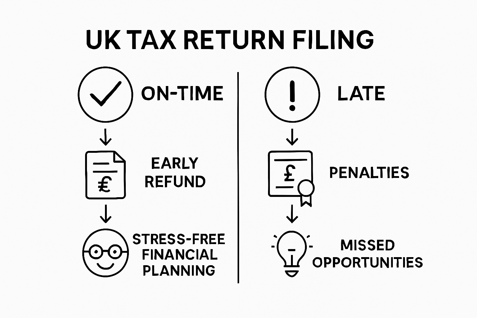 Timeline shows on-time vs late tax filing outcomes