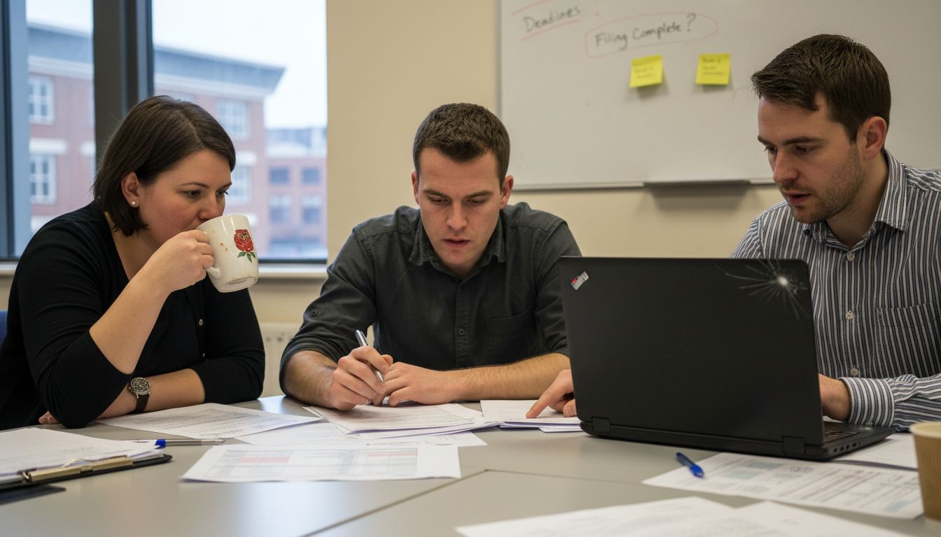 Team cross-checking compliance paperwork together