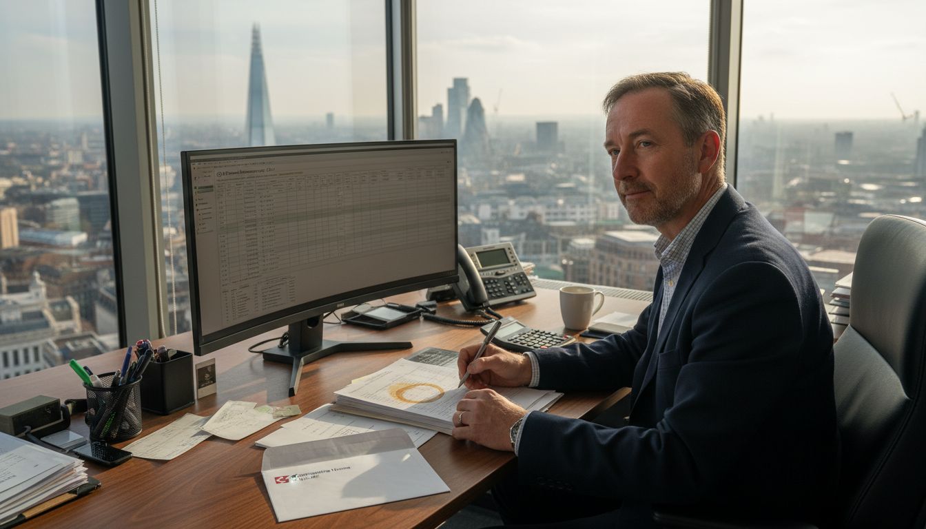 Business owner reviewing finances in UK office