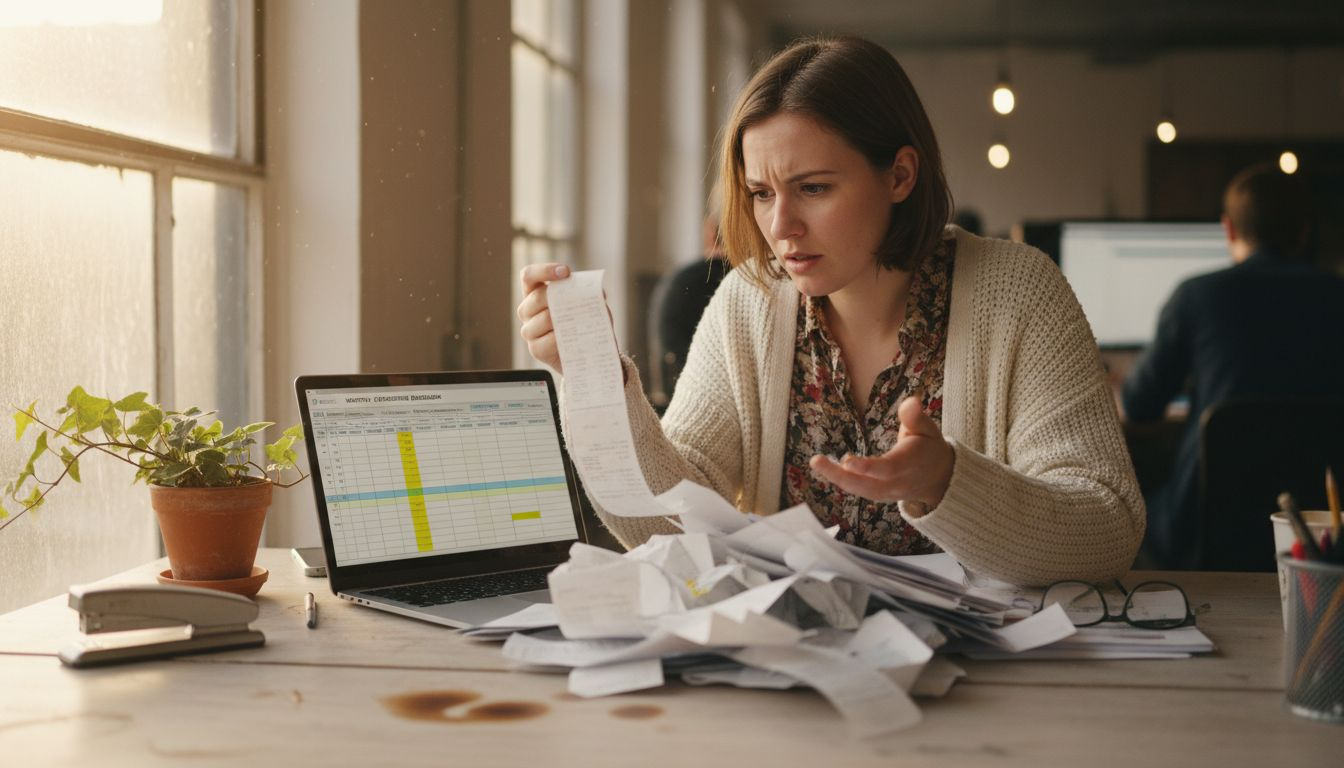 Bookkeeping with financial documents at desk