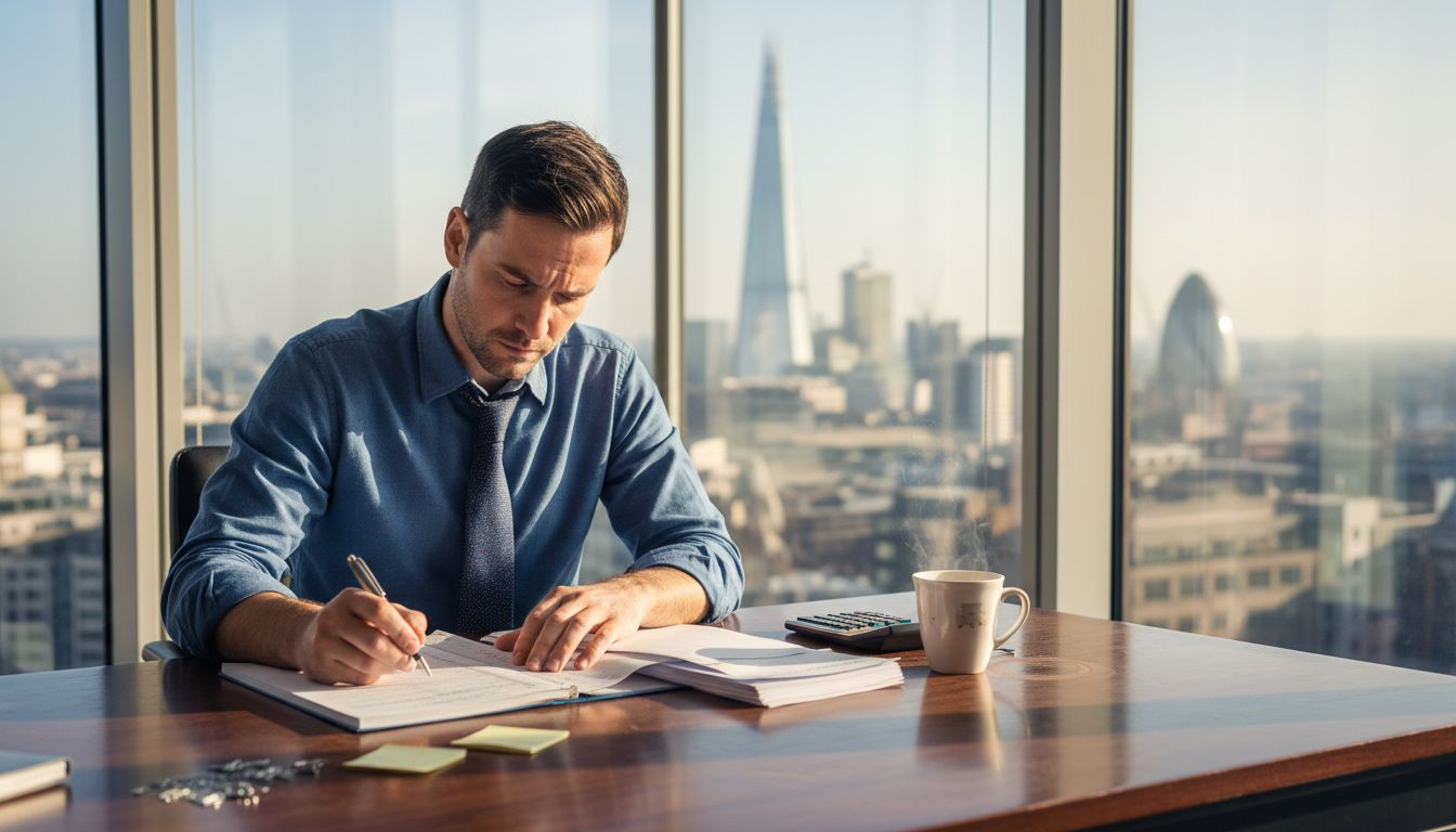 Accountant reviewing paperwork in London office