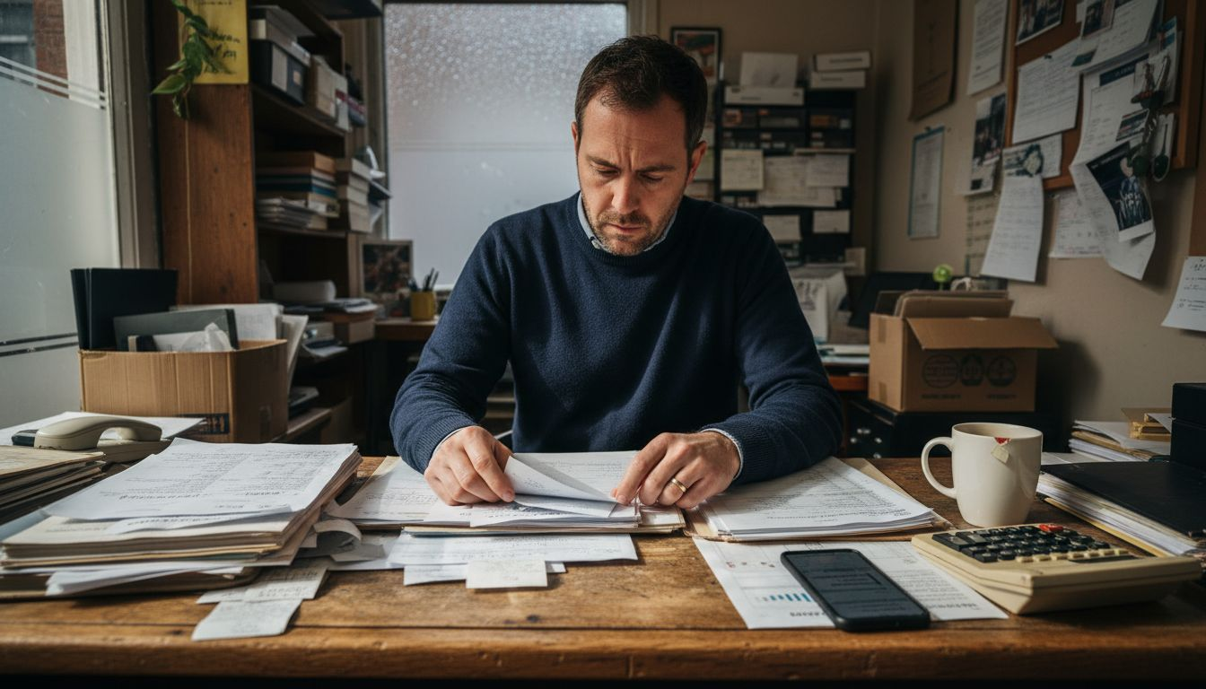 UK business owner reviewing tax paperwork at desk