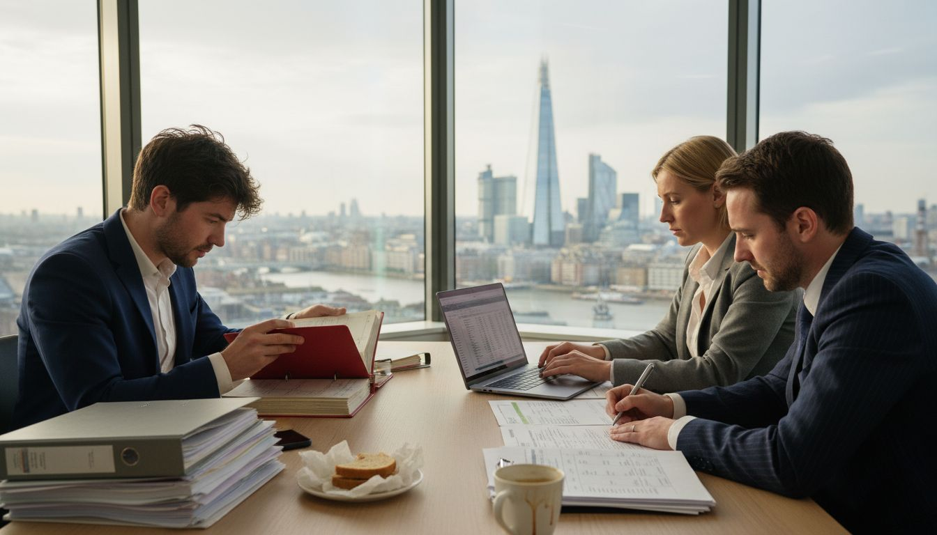 Team preparing year-end accounts in London office