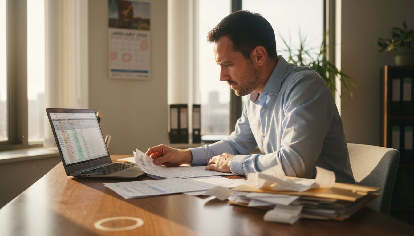 Small business owner reviewing tax paperwork