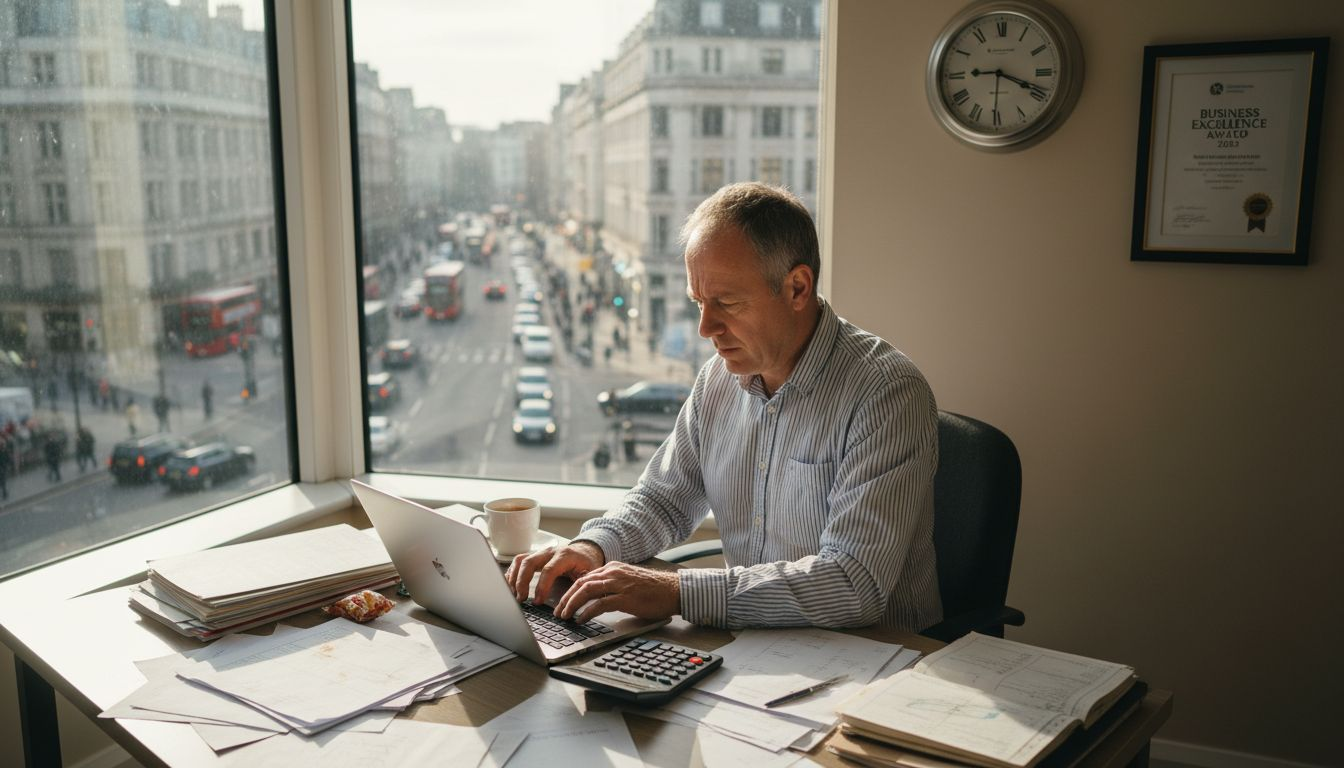 Manager reviewing payroll in busy UK office