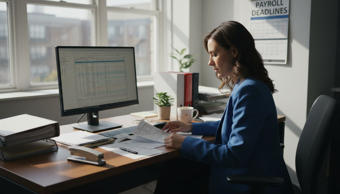Payroll manager reviewing records in SME office