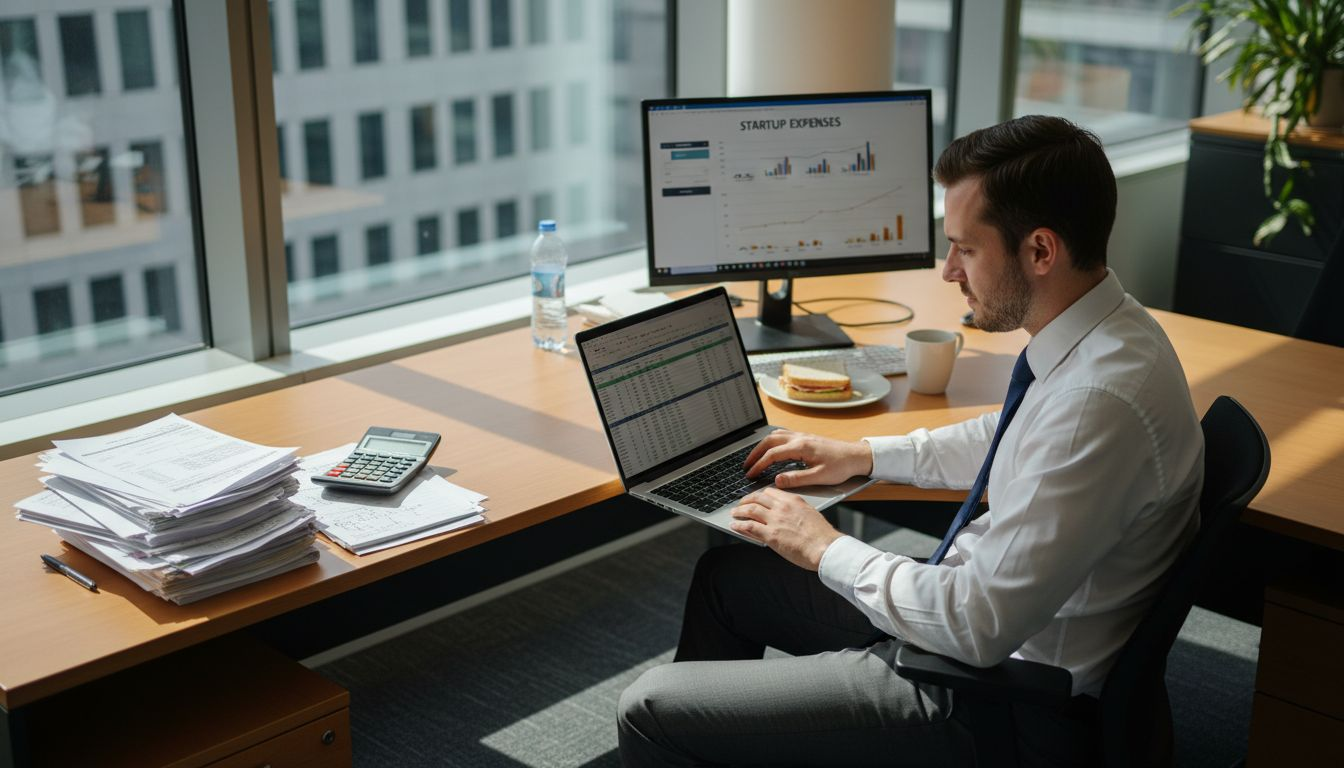 Accountant at desk reviewing startup spreadsheet