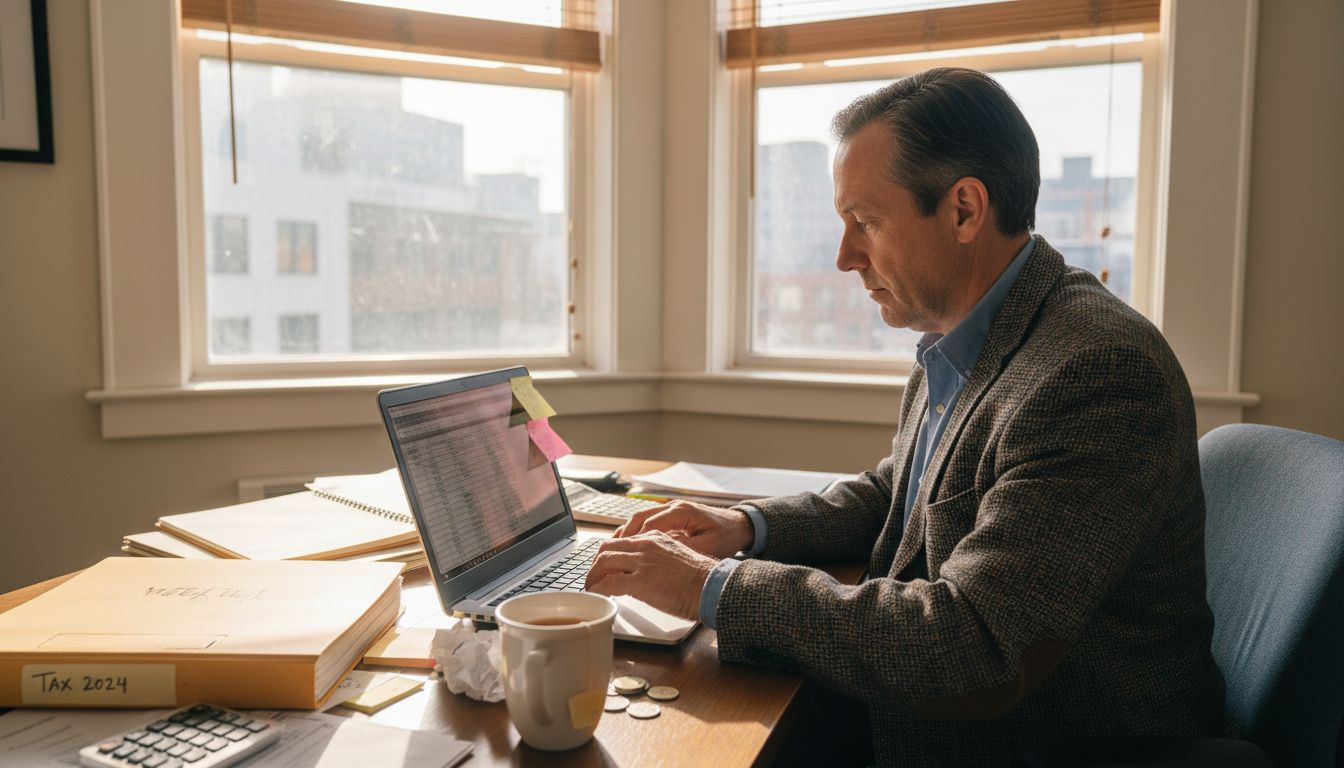 SME owner reviewing tax documents in office