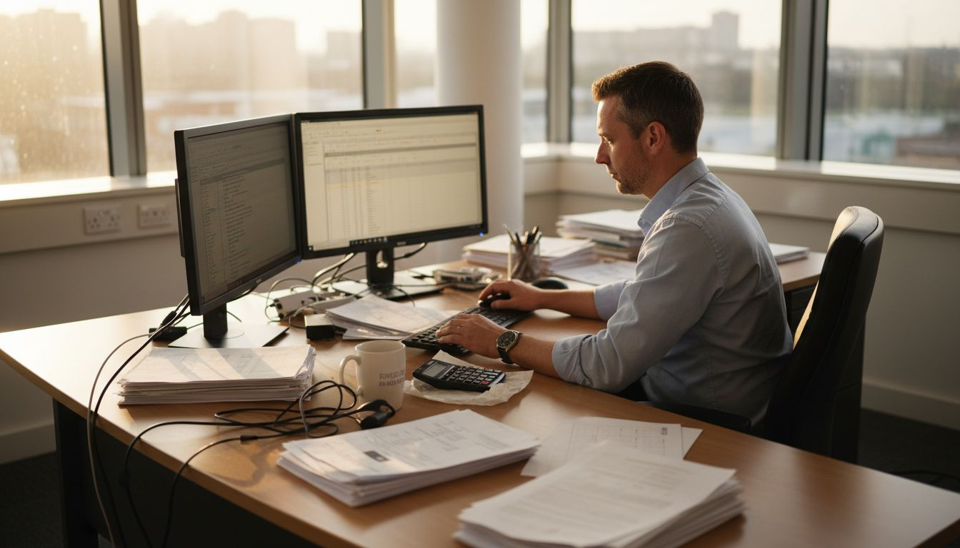 Payroll manager at office desk preparing payslips