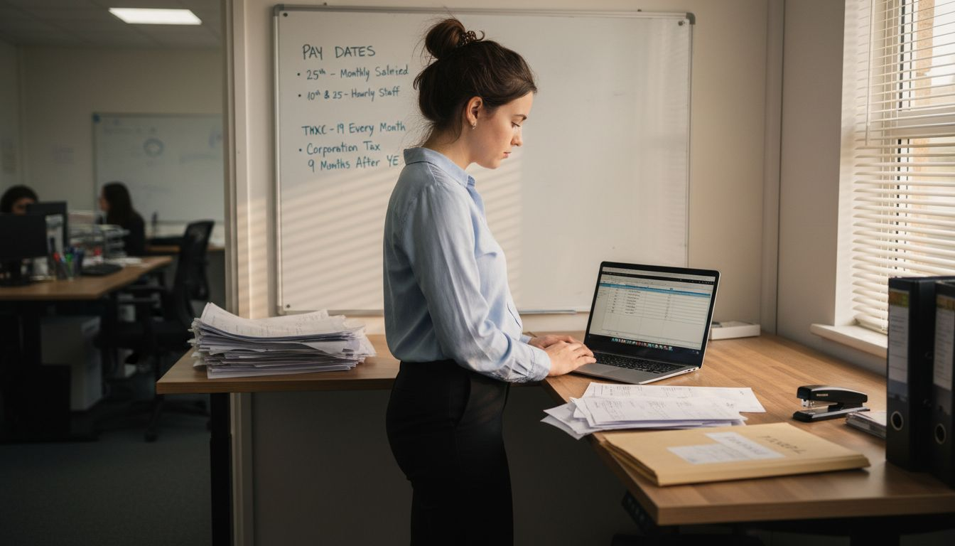 Administrator recording payroll workflow in SME office