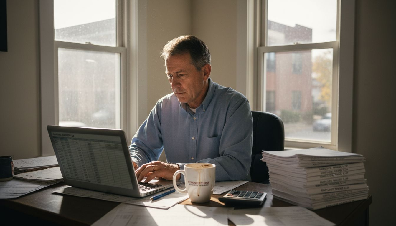 Business owner working on payroll at office desk
