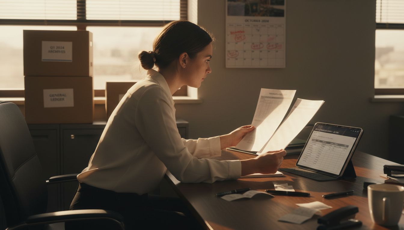 Manager compares payroll reports at table