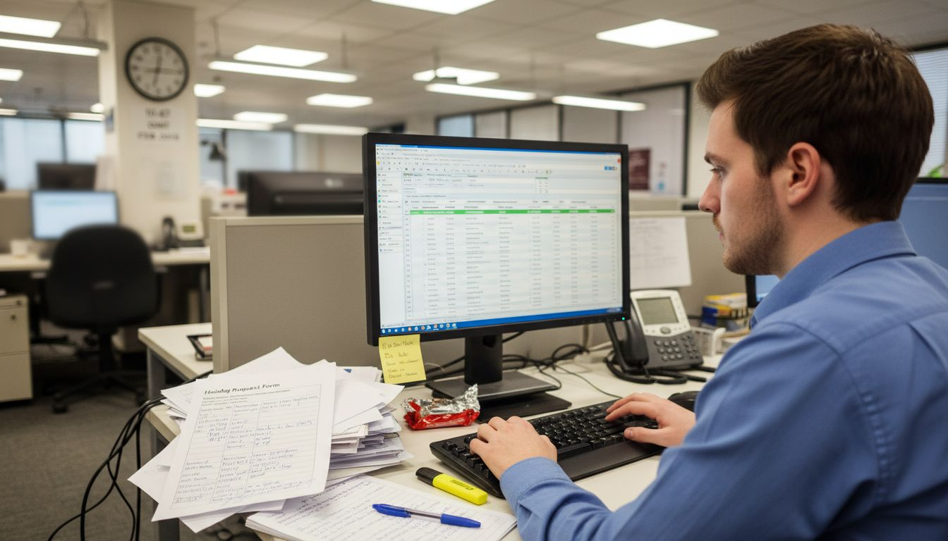 Payroll clerk entering salary in office