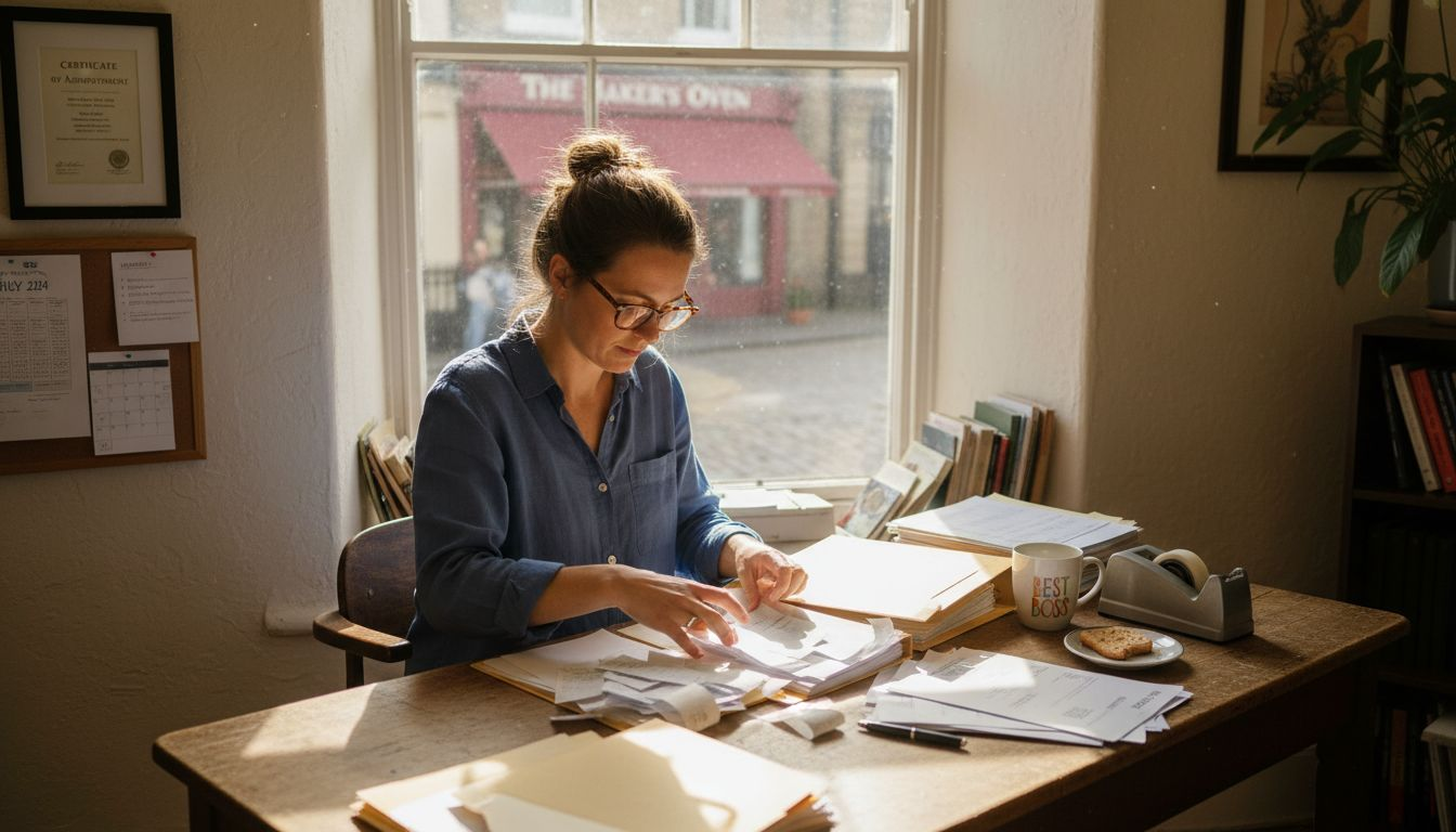 Woman sorts receipts in small office bookkeeping scene