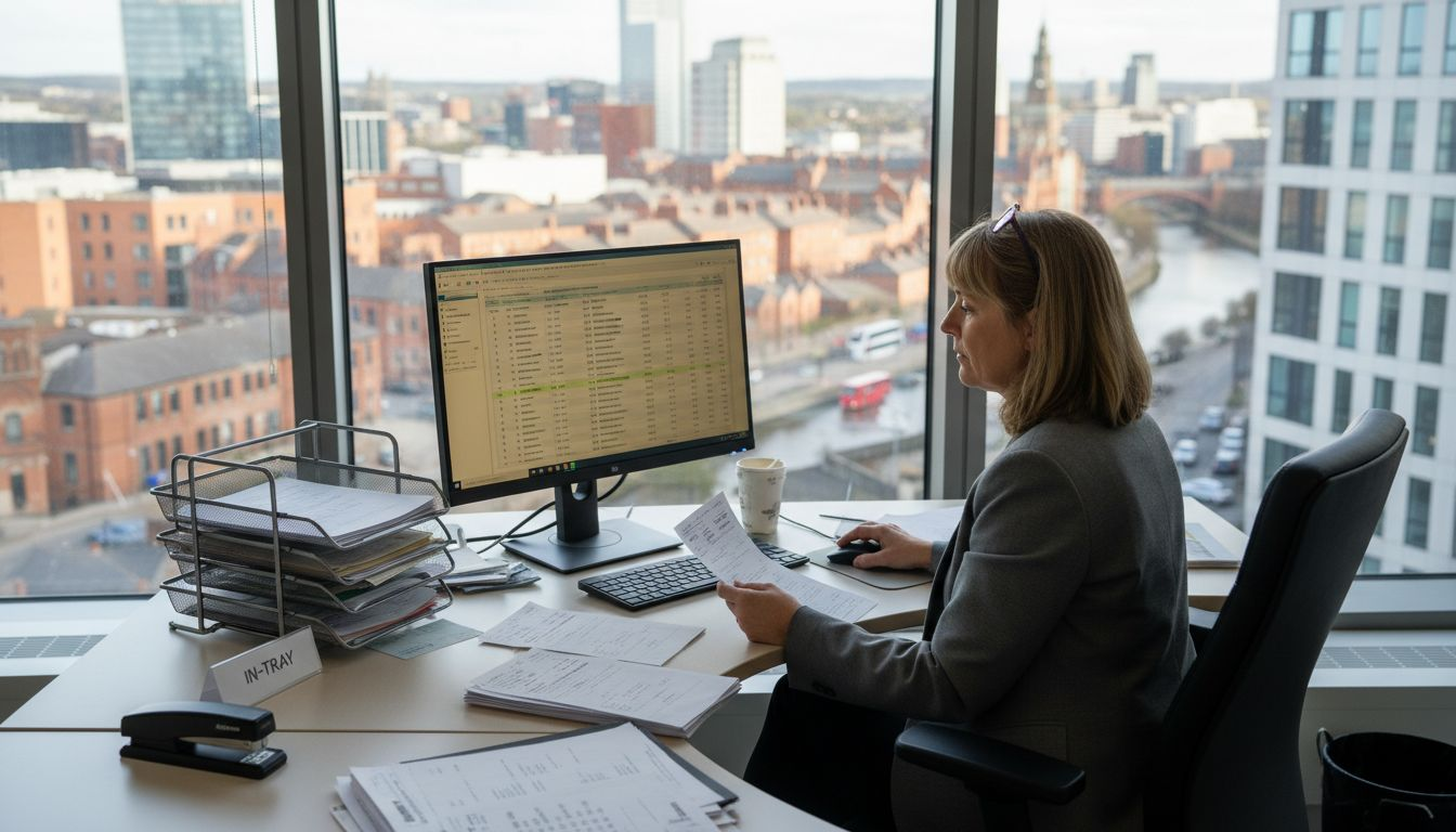 Payroll manager reviewing payslips in UK office