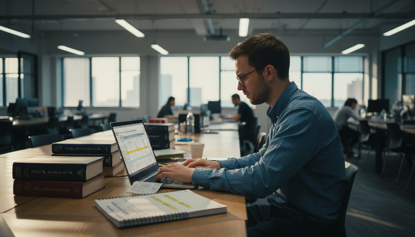 Payroll administrator entering pay data in workspace