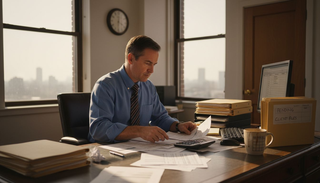 Accountant in sunlit corner office working