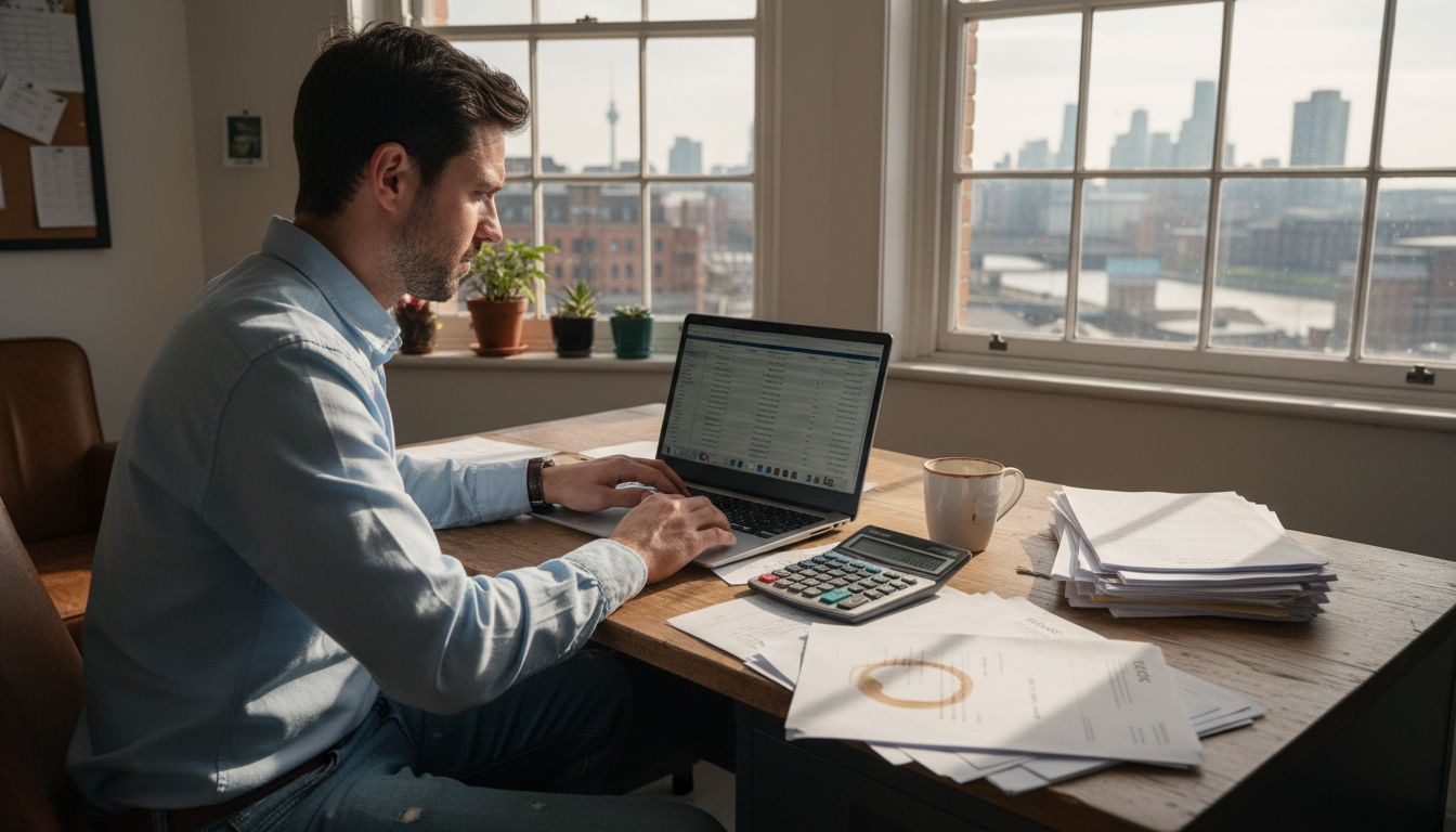 Bookkeeper at cluttered office desk in UK city