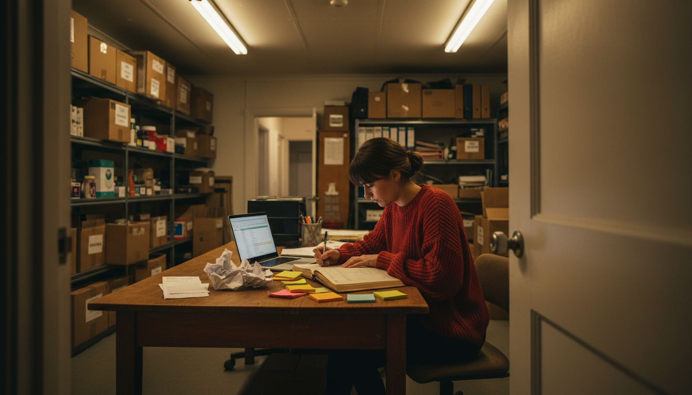Business owner at ledger and laptop in office