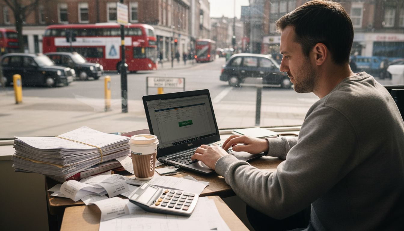 Local bookkeeper working at cluttered desk