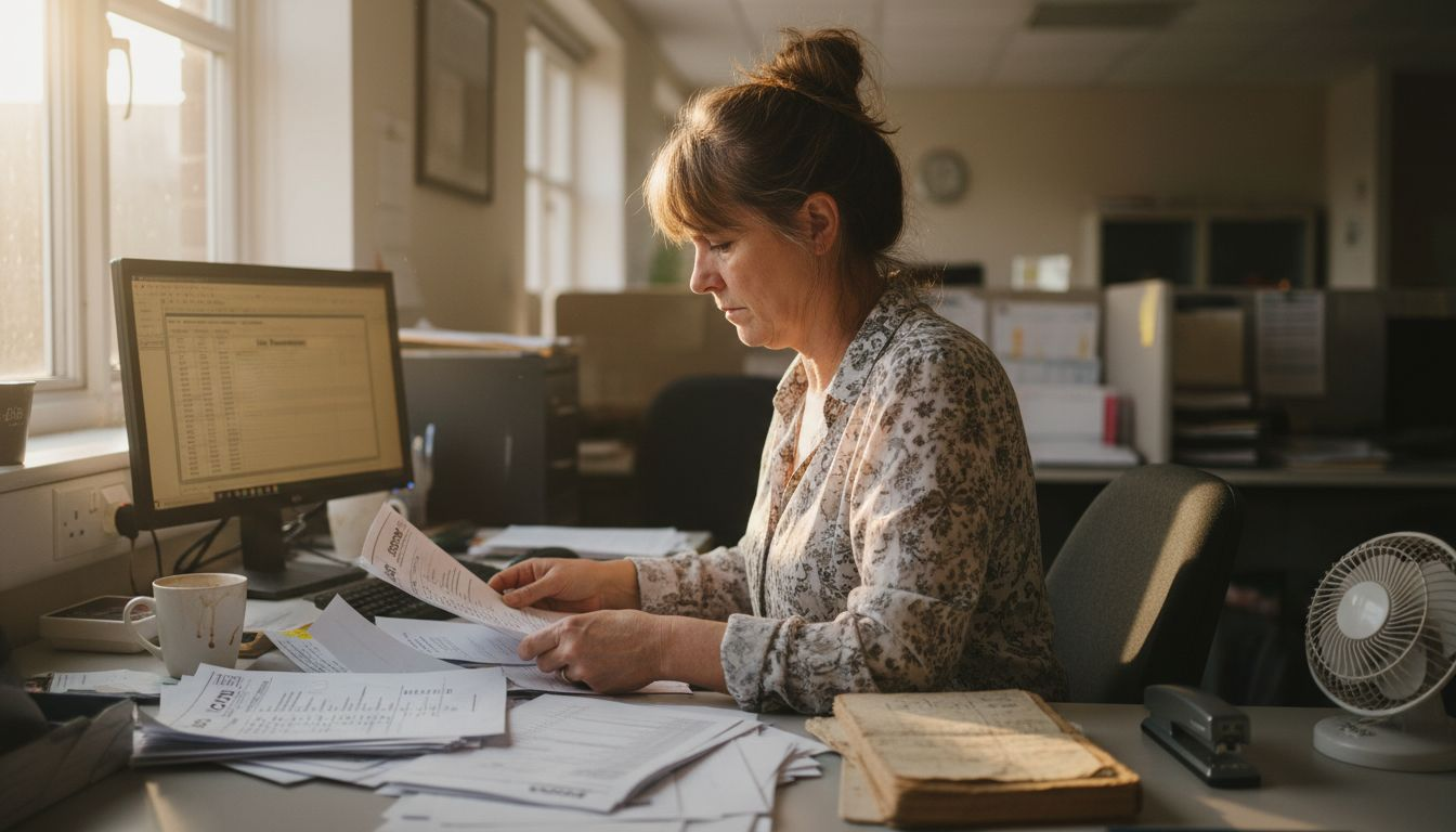 Bookkeeper sorting invoices at office desk