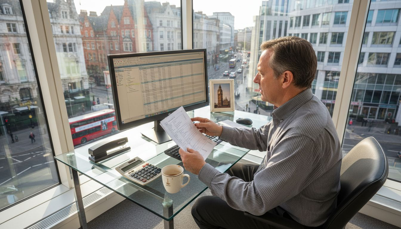 Bookkeeper reviewing accounts in sunny office