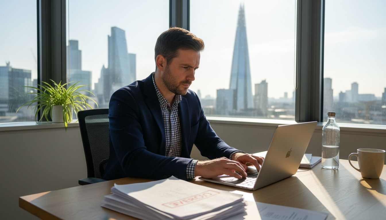 Business owner setting up finances in London office
