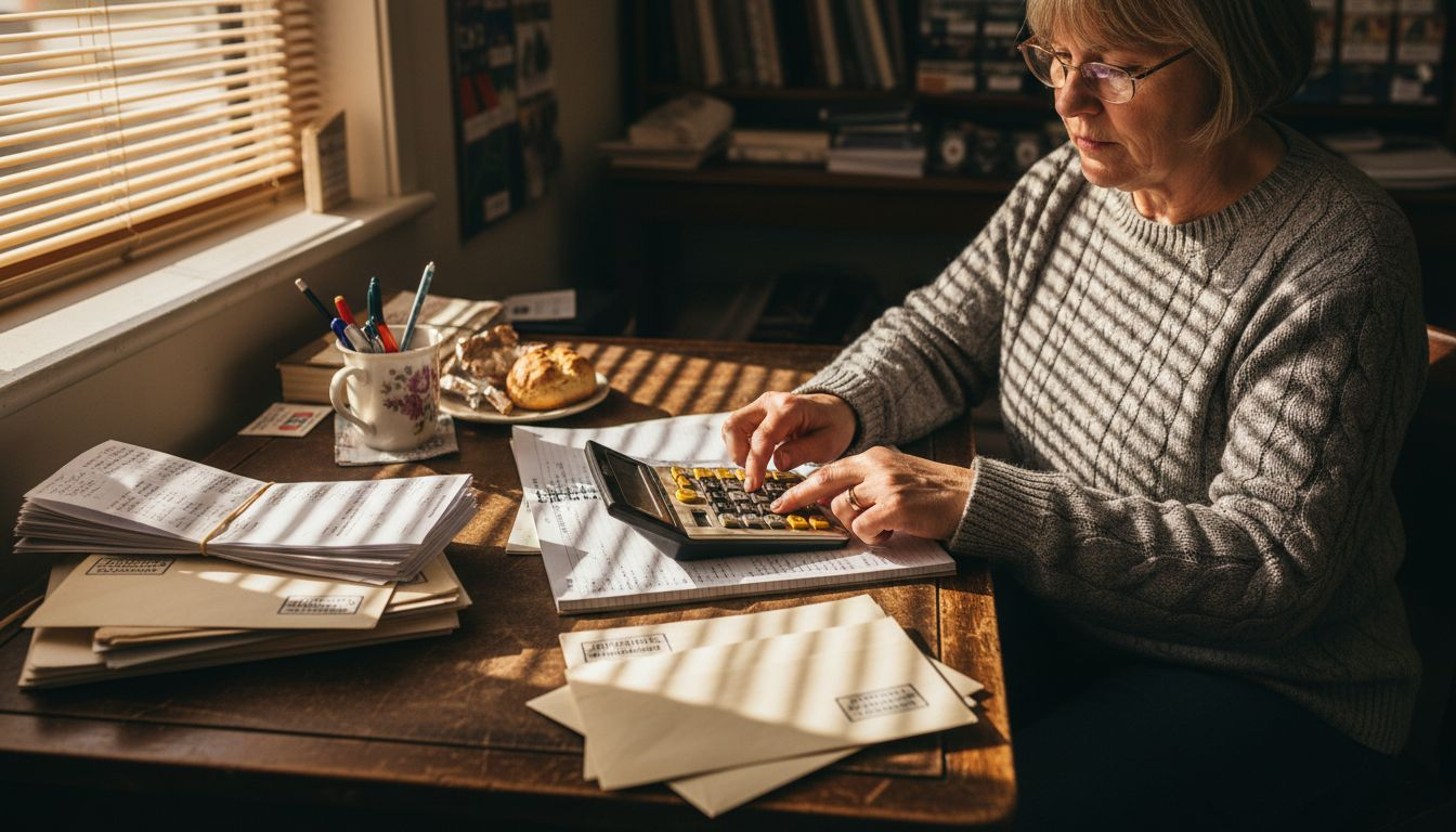 Bookkeeper checks receipts at cluttered office desk