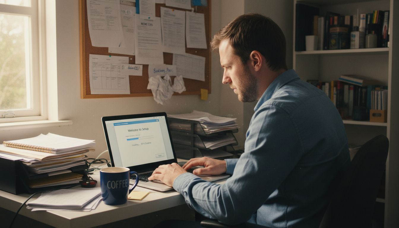 Man sets up bookkeeping software in small office