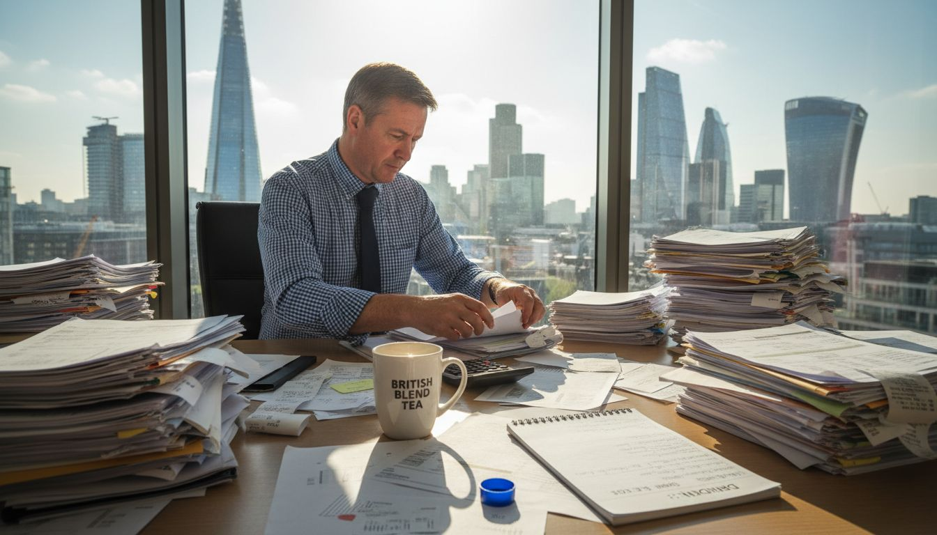Business owner surrounded by tax paperwork in office