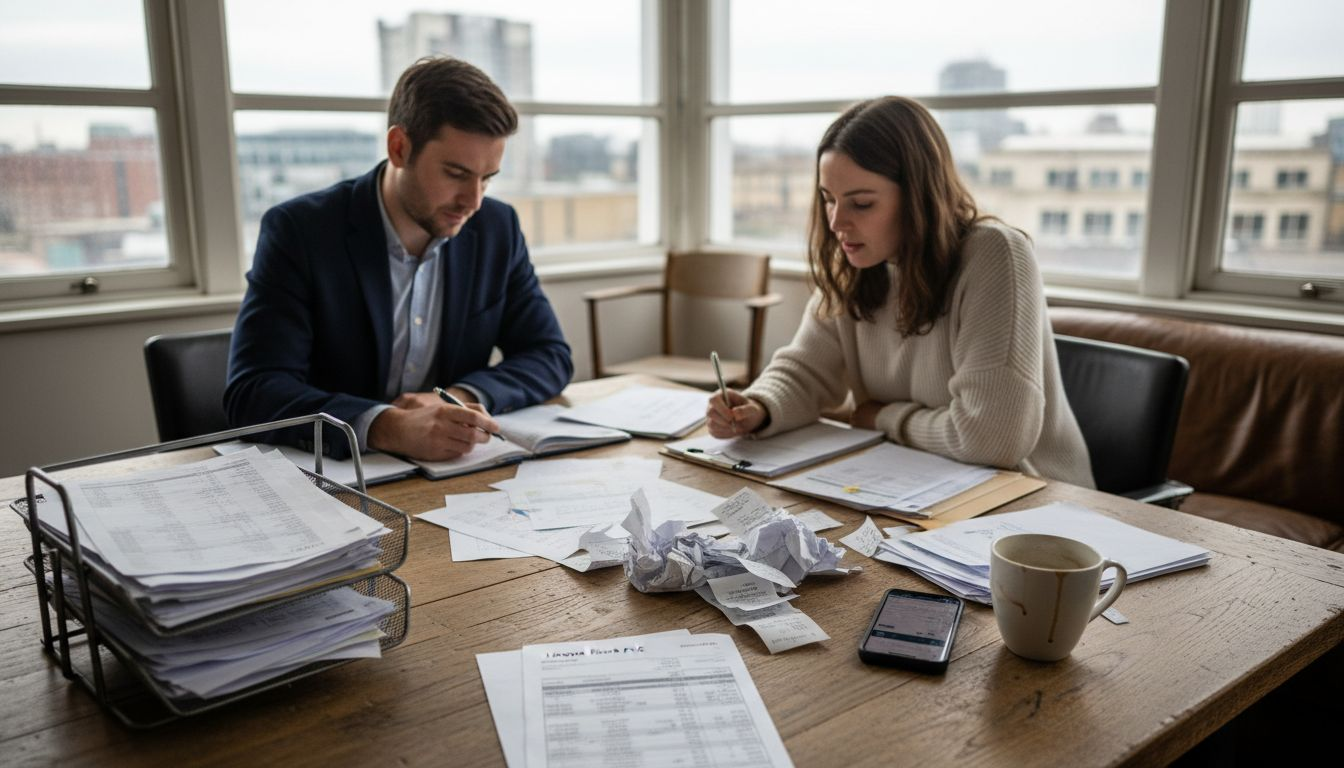 Partners reviewing accounts in corner office