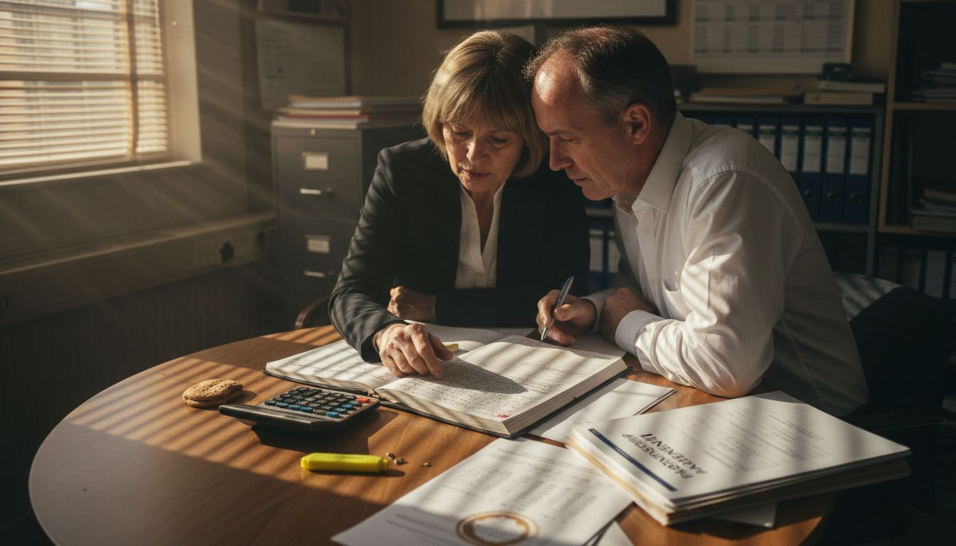 Partners discuss profit sharing at office table