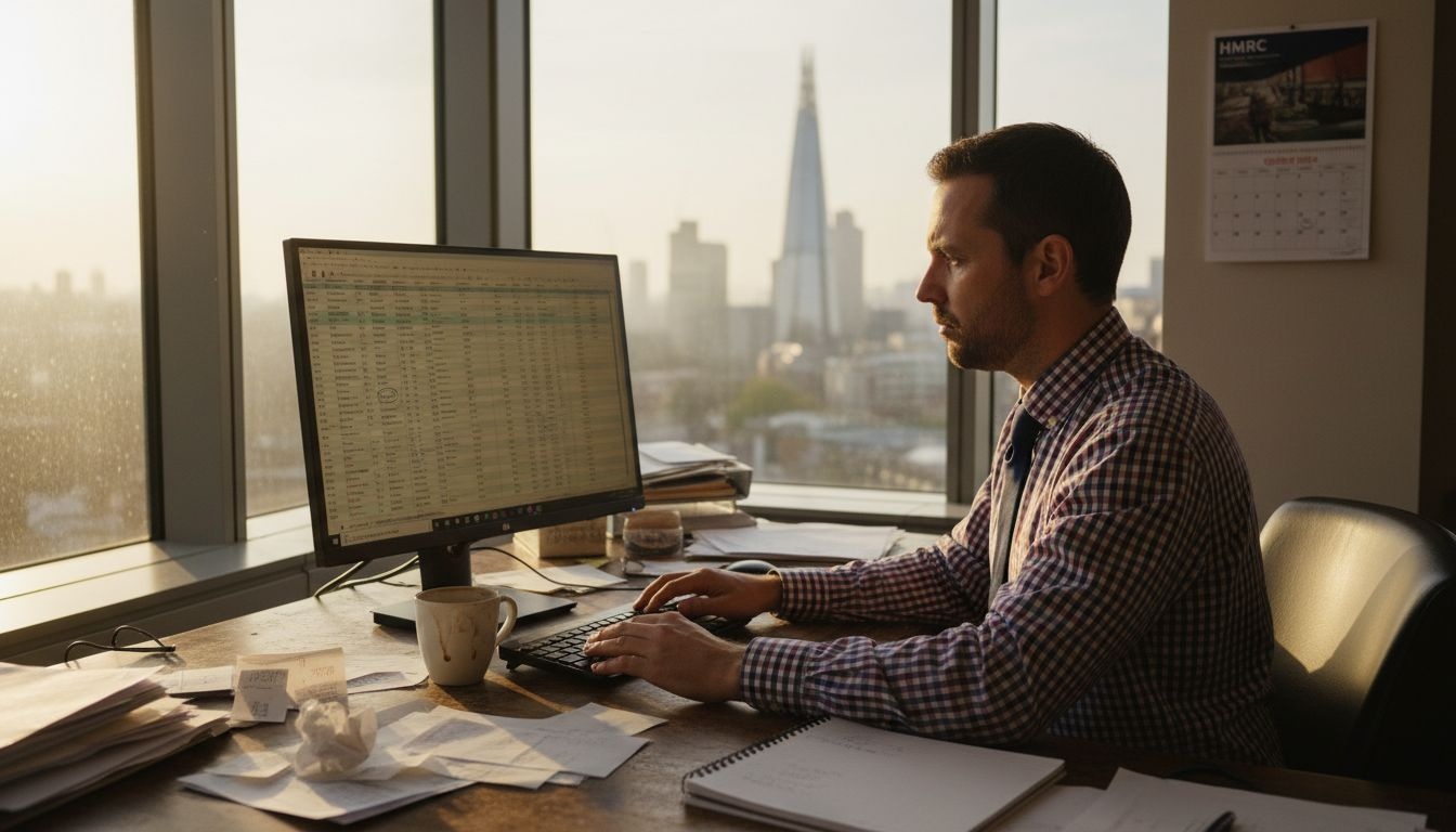 Payroll manager reviewing payslips in London office