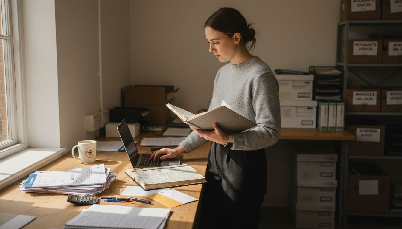 Bookkeeper entering figures in office ledger