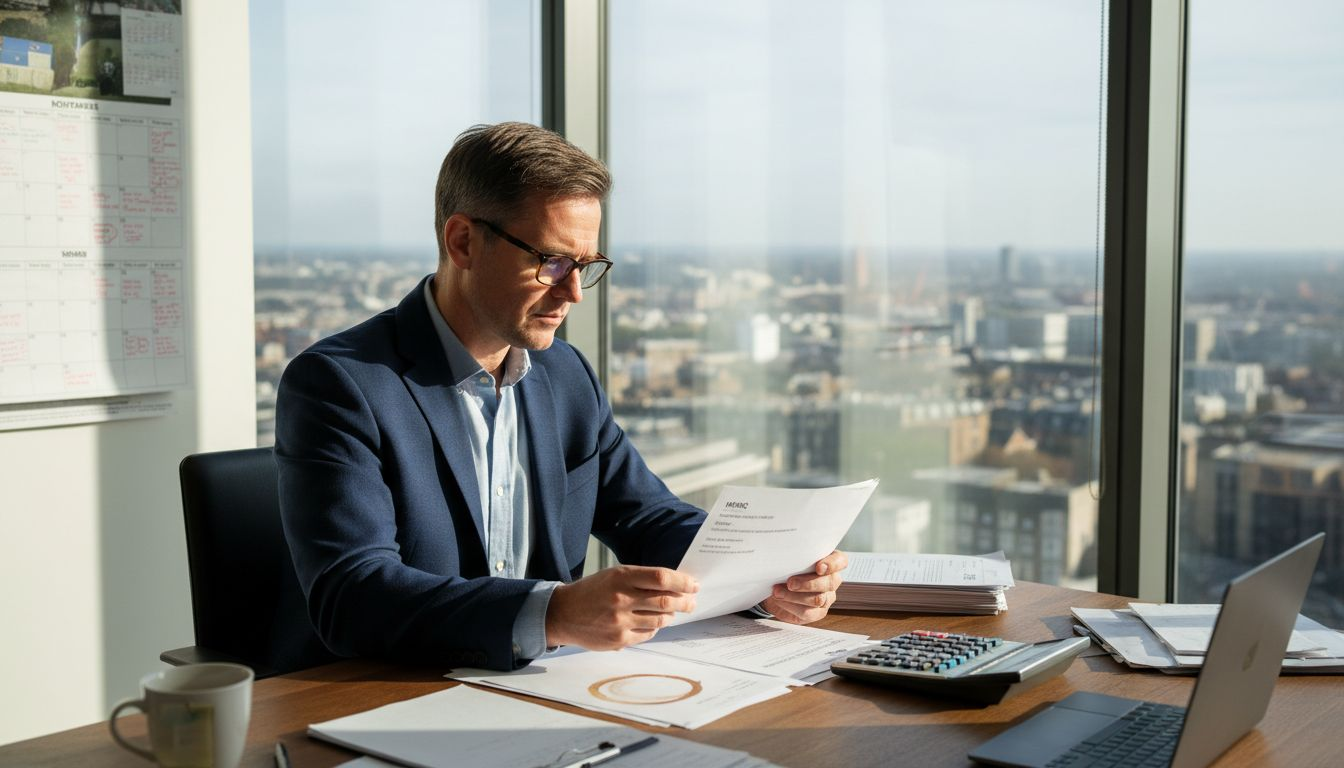 Business owner reviewing tax paperwork at office desk