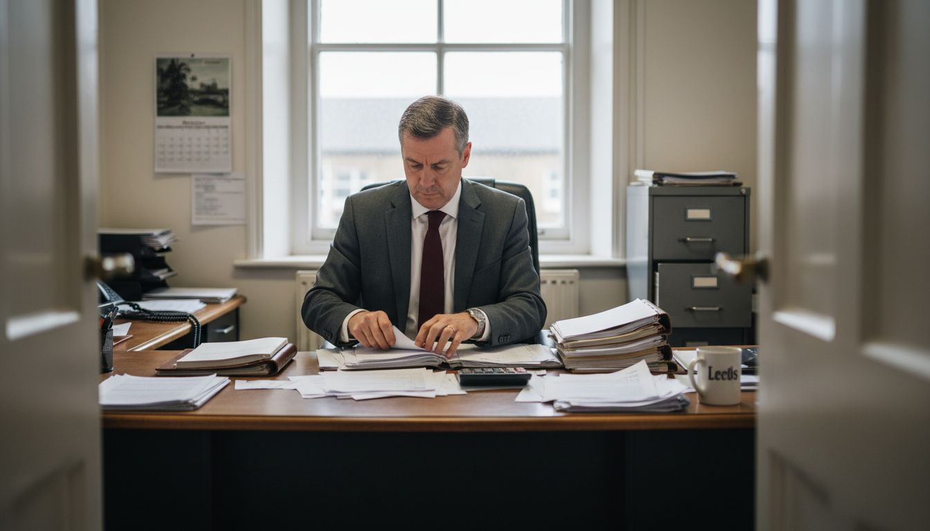 Manager reviewing statutory accounts at city office desk