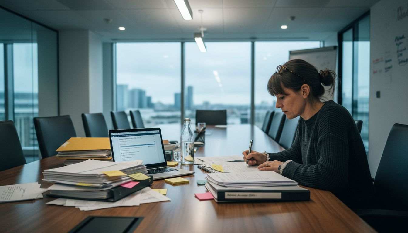 Businesswoman preparing UK compliance documents