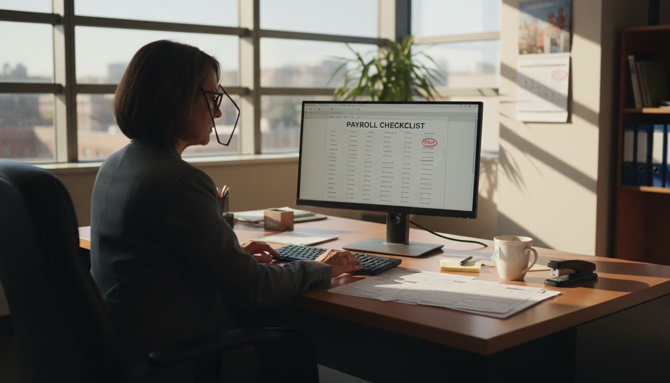 Payroll manager reviewing digital payroll checklist
