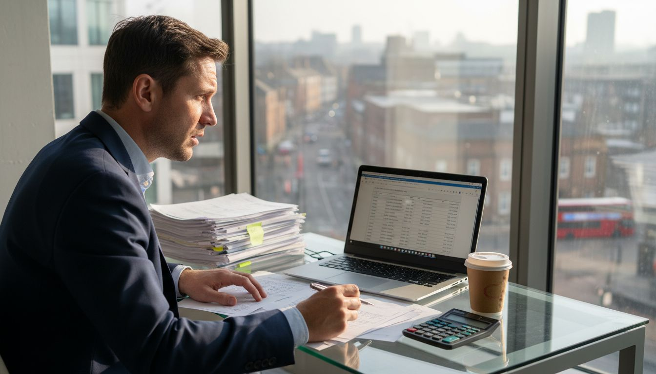 UK business owner managing payroll at office desk
