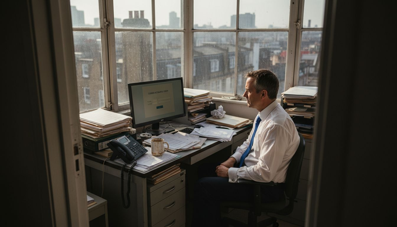 Accountant using cloud tool in busy office